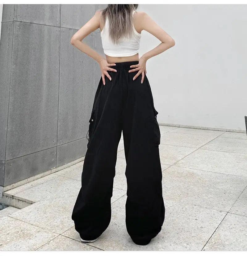 Women Long Cargo Pants Summer Elastic Waist Pocket Baggy Straight Loose Pants Casual Women Korean Trousers CDPF-WYP-51