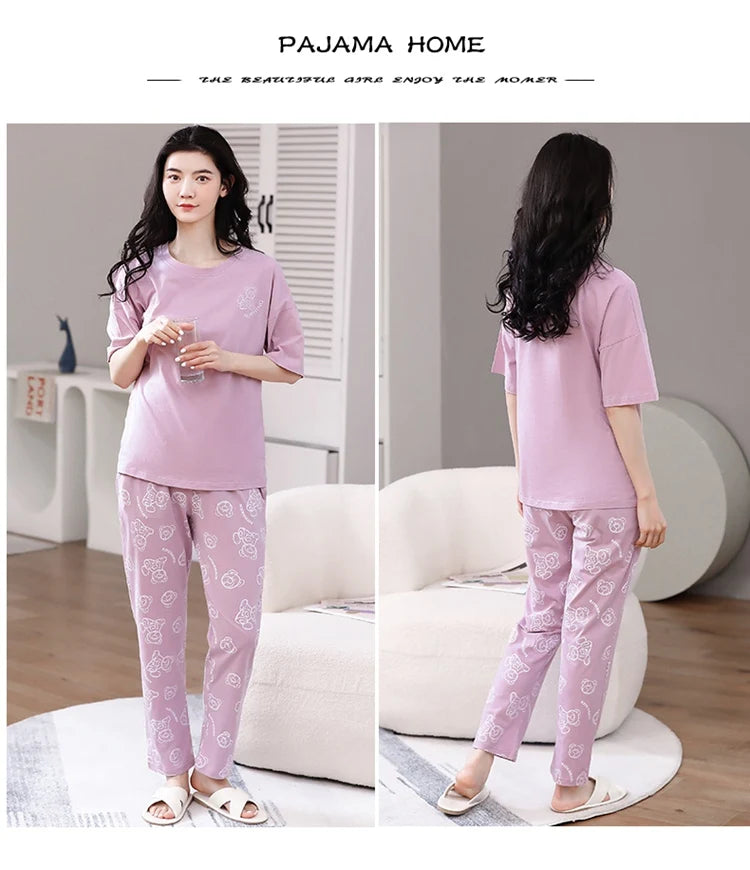 2024 Summer 100% Cotton Short Sleeve Long Pants Pajama Sets for Women Korean Cute Sleepwear Homewear Pijama Mujer Home Clothes