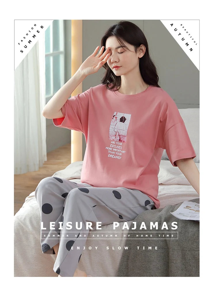 2024 Summer 100% Cotton Short Sleeve Long Pants Pajama Sets for Women Korean Cute Sleepwear Homewear Pijama Mujer Home Clothes