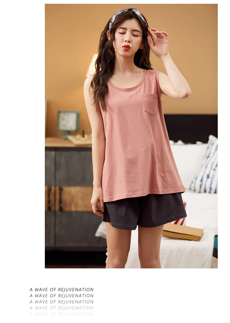 Pajamas for Women Summer Solid Sleepwear Cotton Pyjamas Set Tank Top Shorts Cute Underwear Set Soft Sleeveless Nightwear