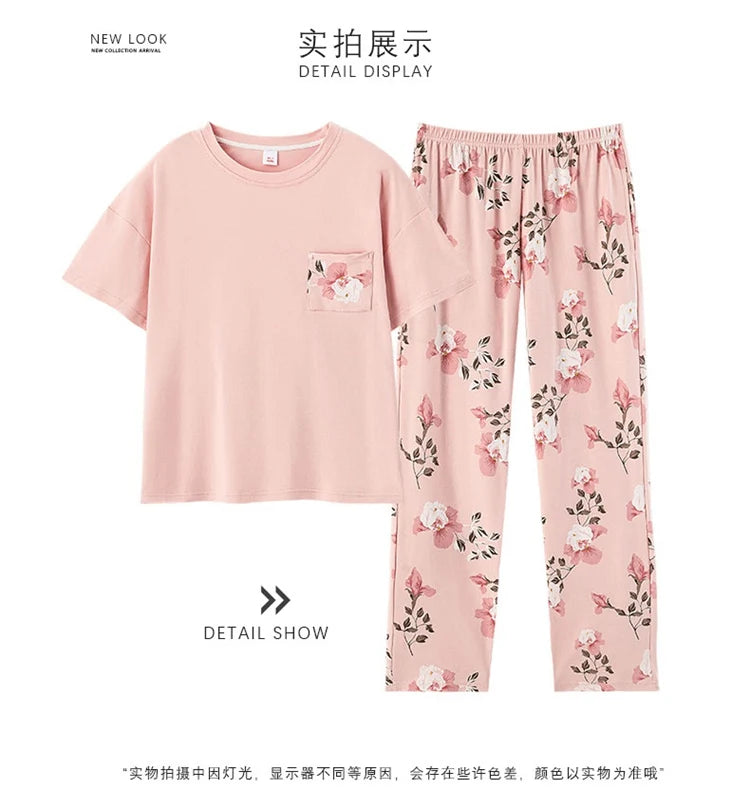 2024 Summer 100% Cotton Short Sleeve Long Pants Pajama Sets for Women Korean Cute Sleepwear Homewear Pijama Mujer Home Clothes