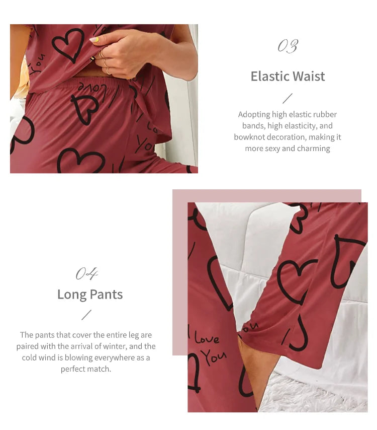 Women Pajamas Set Short Sleeve Shirt and Trousers Sleepwear Two Pieces Pyjamas Loungewear Nightwear Ladies Pijama Home Clothing