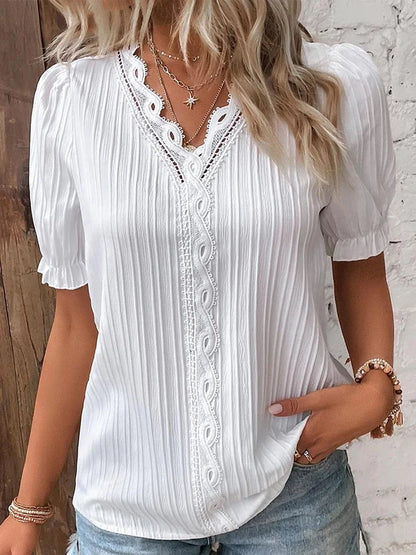 Women's Summer New Top 2024 Solid Sexy V-Neck Hollow Short Sleeve