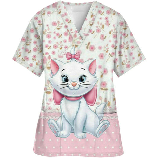 2024 Summer Disney Pet Mary Cat Pink Printed Matte Top Pet Shop Medical Uniform Nurse V-neck Shirt Women's Nurse Top