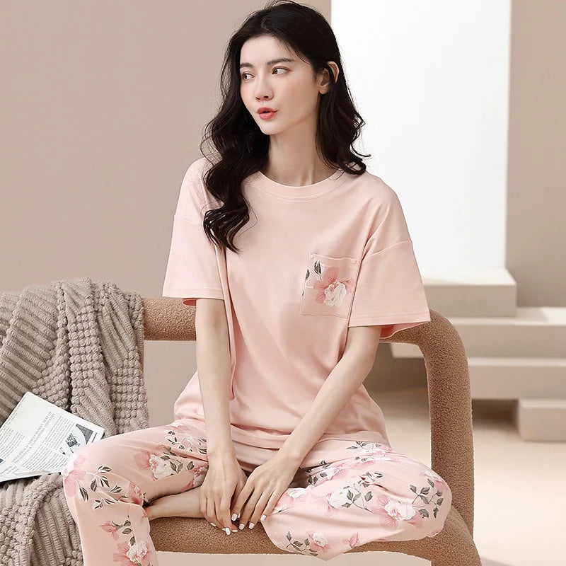 2024 Summer 100% Cotton Short Sleeve Long Pants Pajama Sets for Women Korean Cute Sleepwear Homewear Pijama Mujer Home Clothes