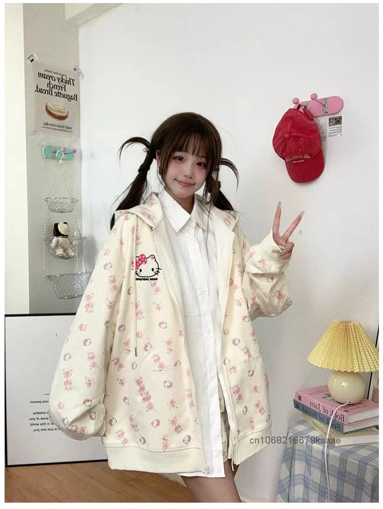 Sanrio Hello Kitty Cute Cat Hoodie Women's Autumn Winter New Loose Lazy Cardigan Japanese Style Y2k Sweet Soft Girl Trendy Coat