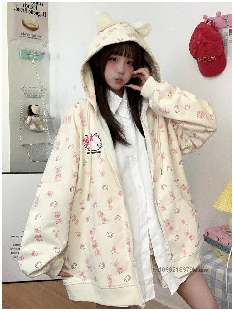 Sanrio Hello Kitty Cute Cat Hoodie Women's Autumn Winter New Loose Lazy Cardigan Japanese Style Y2k Sweet Soft Girl Trendy Coat