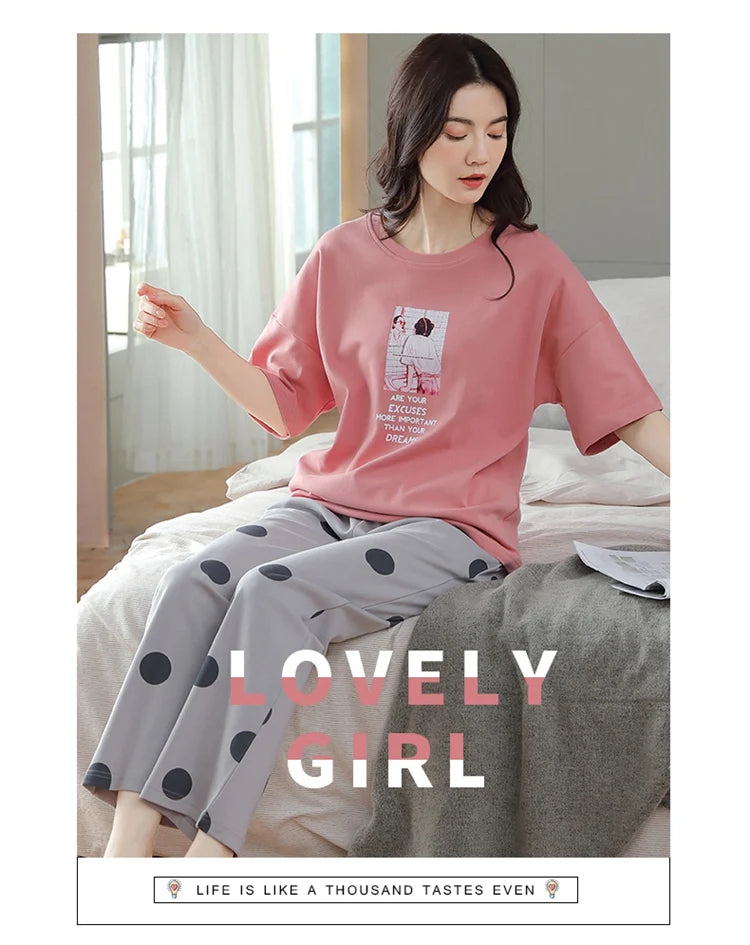 2024 Summer 100% Cotton Short Sleeve Long Pants Pajama Sets for Women Korean Cute Sleepwear Homewear Pijama Mujer Home Clothes