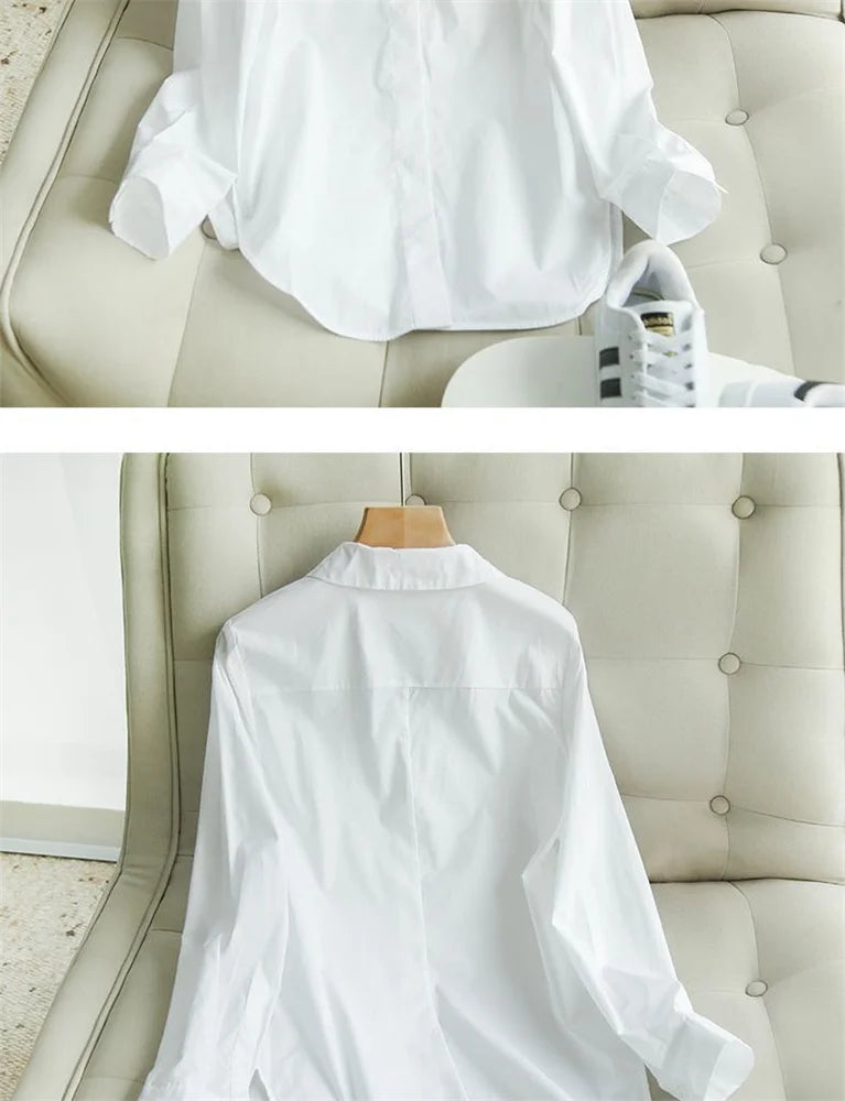 Spring and Summer Women's White Shirt Basic Korean Version Loose Casual Office Shirt Work Professional Top Solid Color