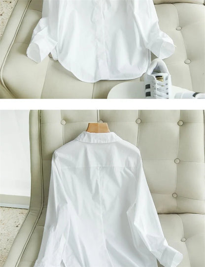 Camicia bianca da donna primaverile ed estiva Versione coreana di base Camicia da ufficio casual ampia da lavoro Top professionale in tinta unita