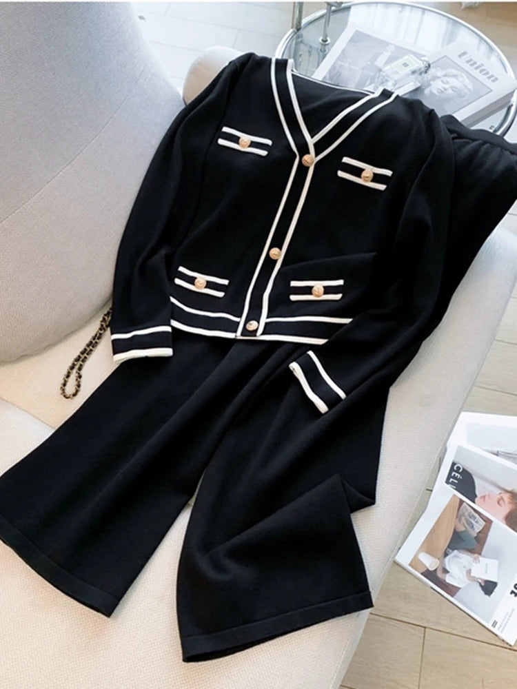 Knitted Two Piece Set Elegant Cardigan + Pants Sets Autumn Women's Thicken Knit Outfits Long Sleeve Sweater Wide-leg Pants Suits