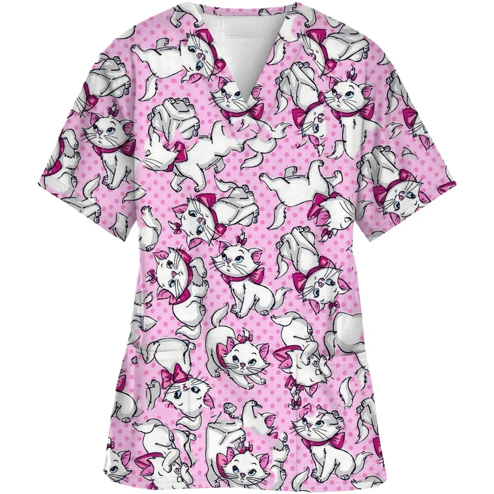 2024 Summer Disney Pet Mary Cat Pink Printed Matte Top Pet Shop Medical Uniform Nurse V-neck Shirt Women's Nurse Top