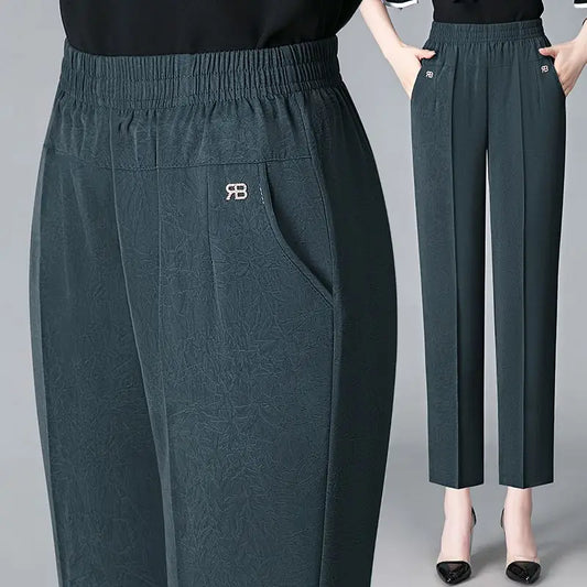 Vintage Loose Straight Pants Spring Summer Thin Women Streetwear Office Lady Casual Elastic High Waist Cropped Trousers 5XL