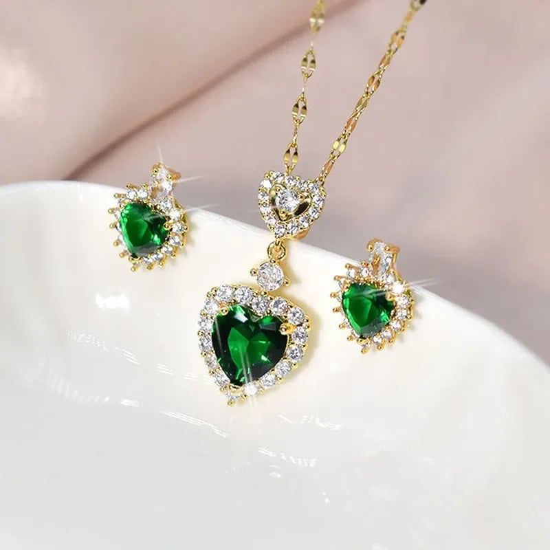 2023 di lusso a forma di cuore collana verde zircone set di gioielli per le donne squisita catena pendente di cristallo orecchini da donna da sposa