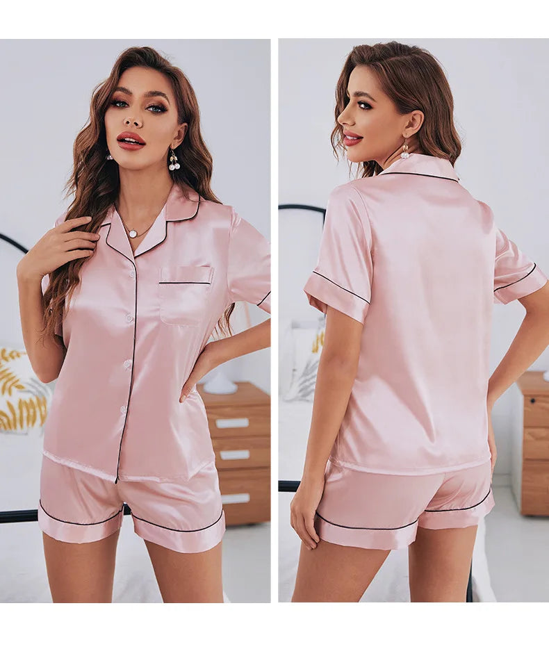 Comfortable Breathable Short Sleeve Shorts Women's Home Wear Women's Silk Pajamas Set Large Size Fashion Simple