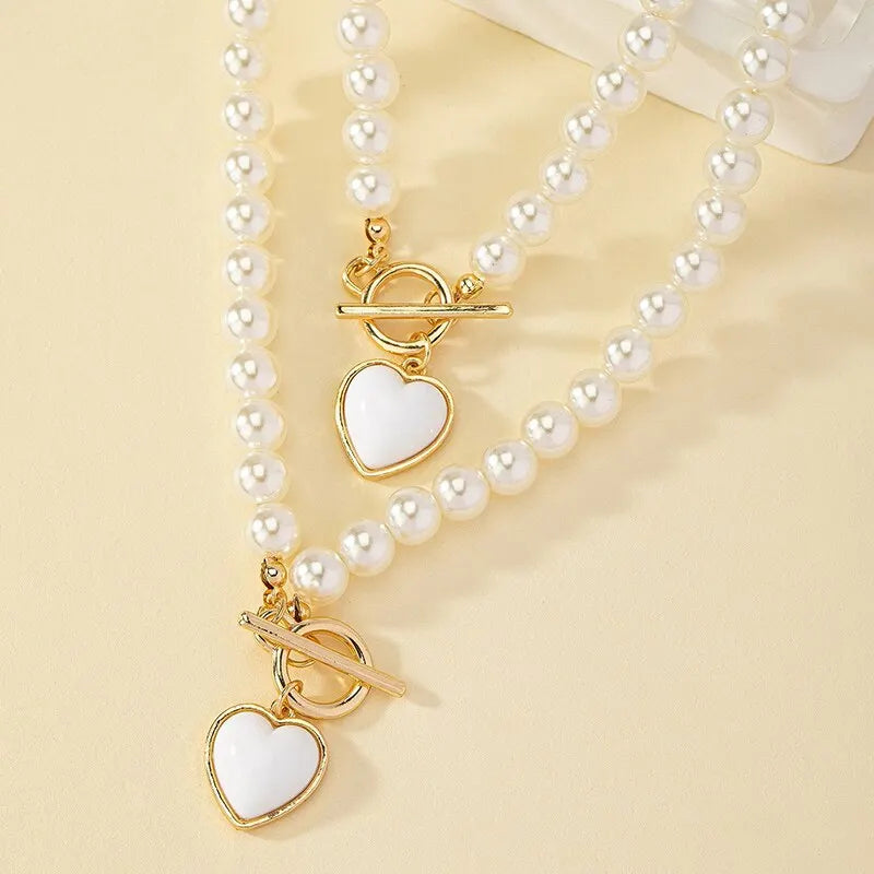 2 Pcs Immitation Pearl Necklace Bracelet Jewelry Set Elegant Pearl Color Pendant Natural Color Beads Collar For Girl