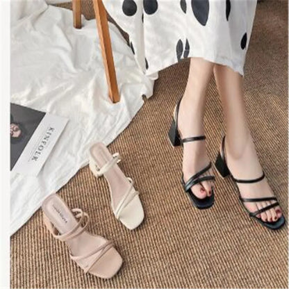 Women Sandals Ladies Square Heels Elegant Summer Slippers Outside Cross Tied Leather Female Slides 2023 Fashion Woman Sandals