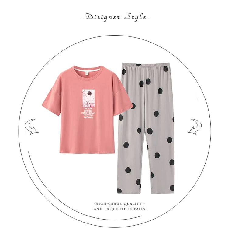 2024 Summer 100% Cotton Short Sleeve Long Pants Pajama Sets for Women Korean Cute Sleepwear Homewear Pijama Mujer Home Clothes