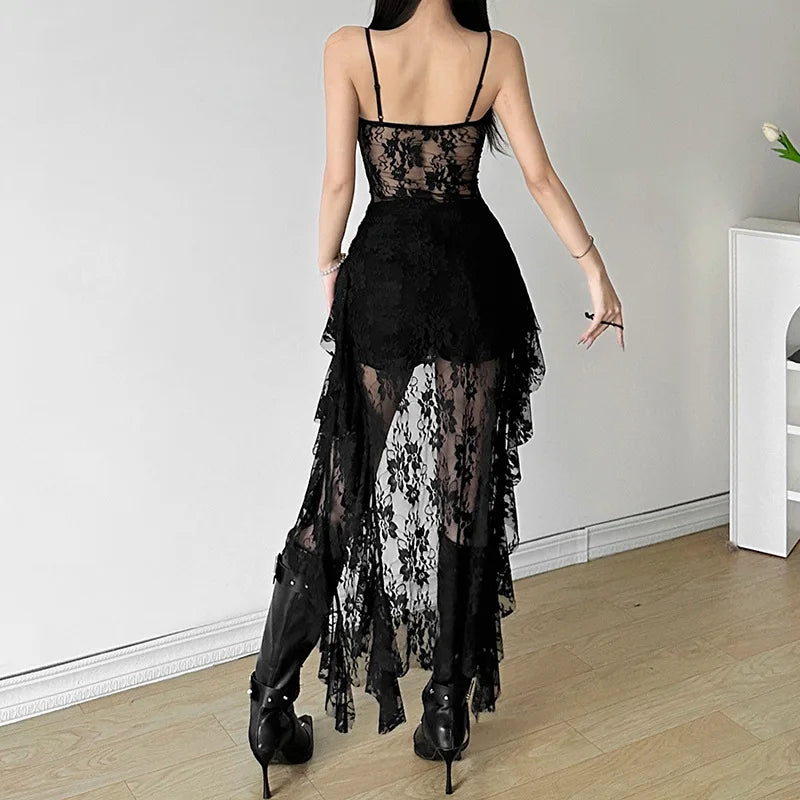 Women Dress Sexy Patchwork Mesh Strapless Irregular Waist Ruffled Split Black Dresses 2024 Fashion Night Party Vestidos