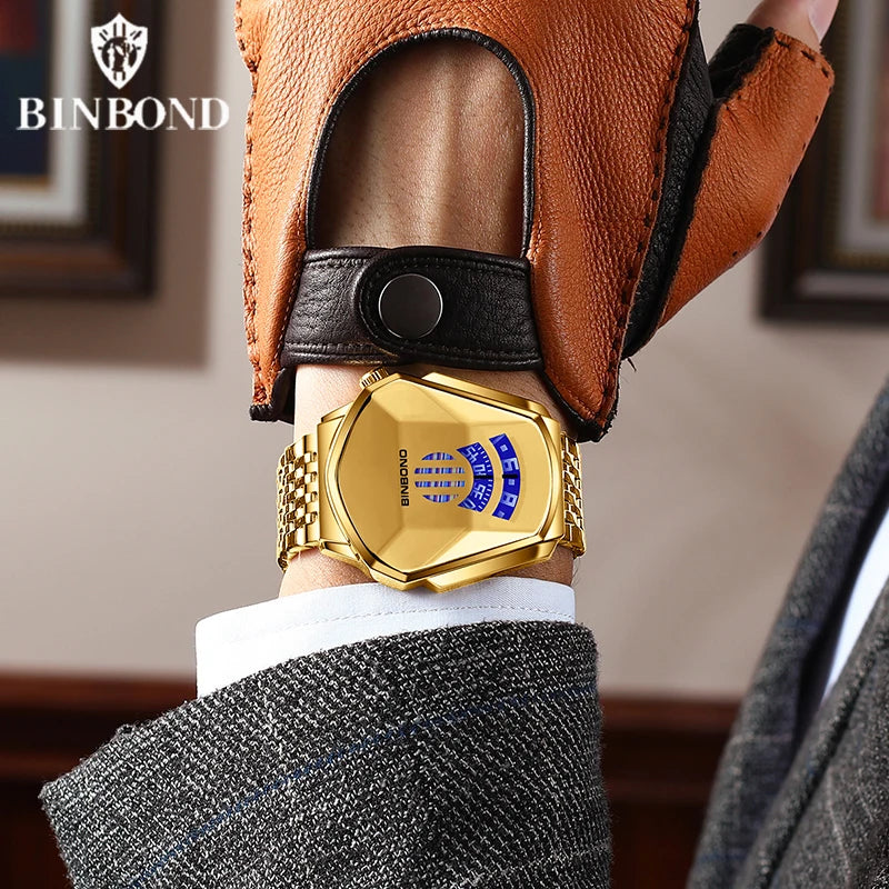 BINBOND Uomo Popolare Moda Moto Concept Orologio al quarzo Orologio luminoso con cinturino in acciaio a maglie Orologio touch screen con tecnologia nera