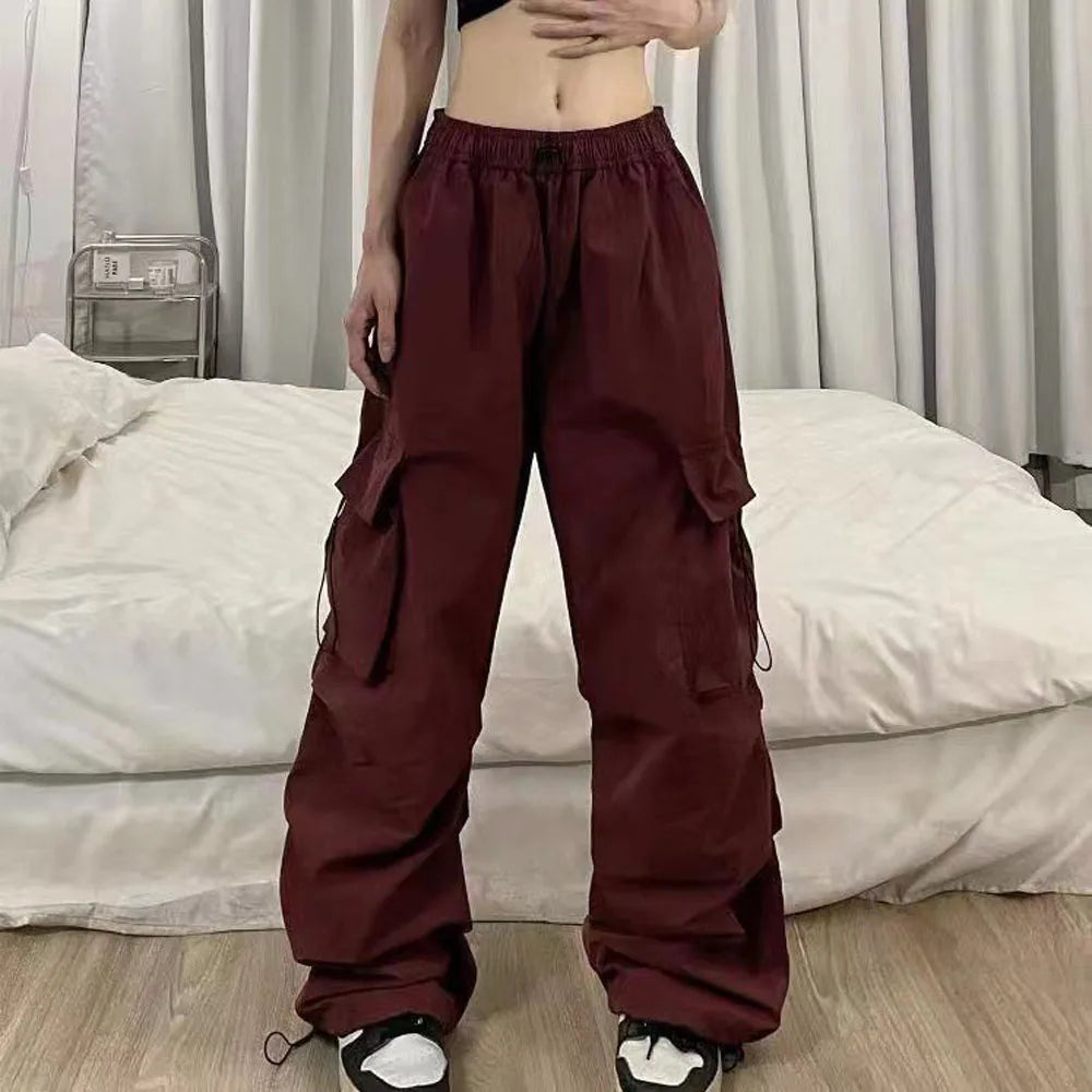 Women Long Cargo Pants Summer Elastic Waist Pocket Baggy Straight Loose Pants Casual Women Korean Trousers CDPF-WYP-51