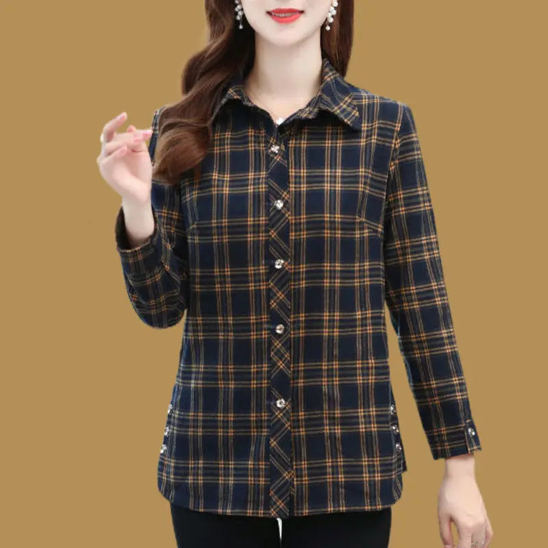 Spring Autumn Elegant Fashion Harajuku Plaid Tops Women Loose Casual All Match Lady Shirt Polo Collar Button Long Sleeve Blusa