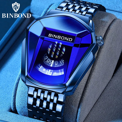 BINBOND Uomo Popolare Moda Moto Concept Orologio al quarzo Orologio luminoso con cinturino in acciaio a maglie Orologio touch screen con tecnologia nera