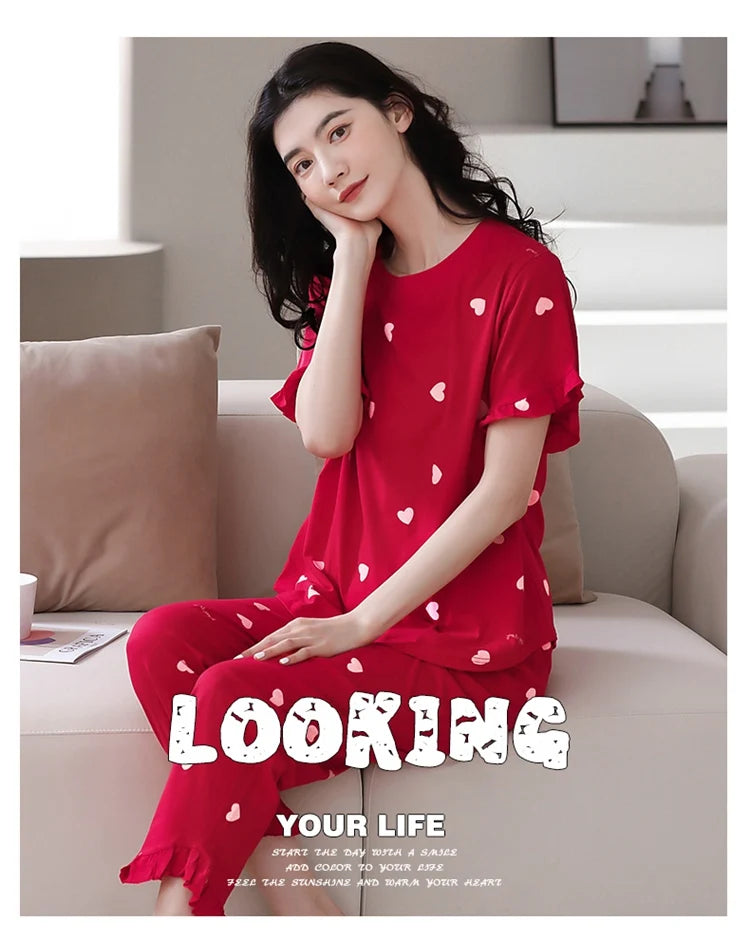 2024 Summer 100% Cotton Short Sleeve Long Pants Pajama Sets for Women Korean Cute Sleepwear Homewear Pijama Mujer Home Clothes