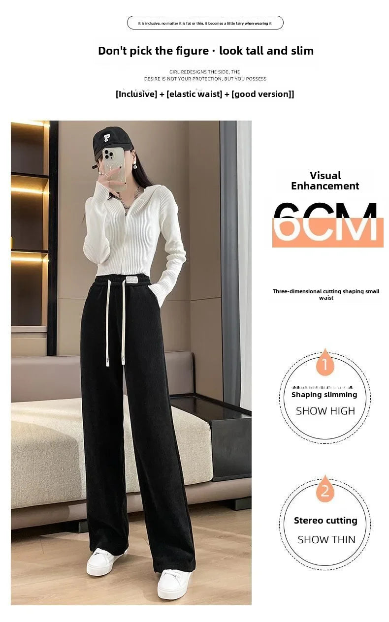 Fleece-lined Corduroy Bell Bottoms High-waisted Loose-fit Thickened Sport Casual Straight-leg Pants For Women