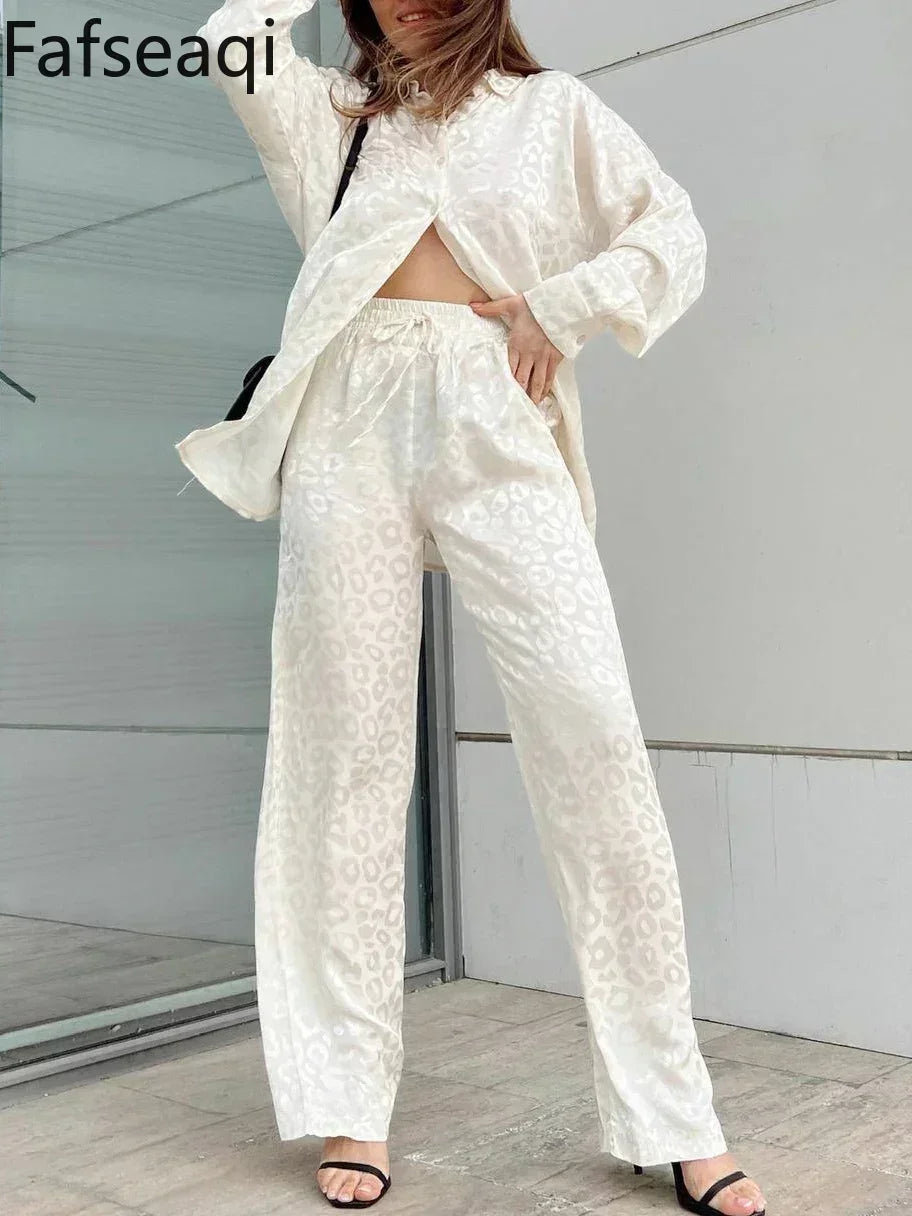 White Satin Wide Leg Trousers Suit for Women 2024 Spring Office Leopard Print Two-piece Set Home Tracksuit Women's Pajamas Sets