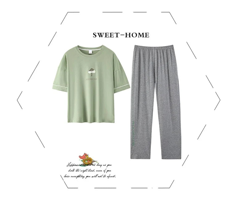 2024 Summer 100% Cotton Short Sleeve Long Pants Pajama Sets for Women Korean Cute Sleepwear Homewear Pijama Mujer Home Clothes