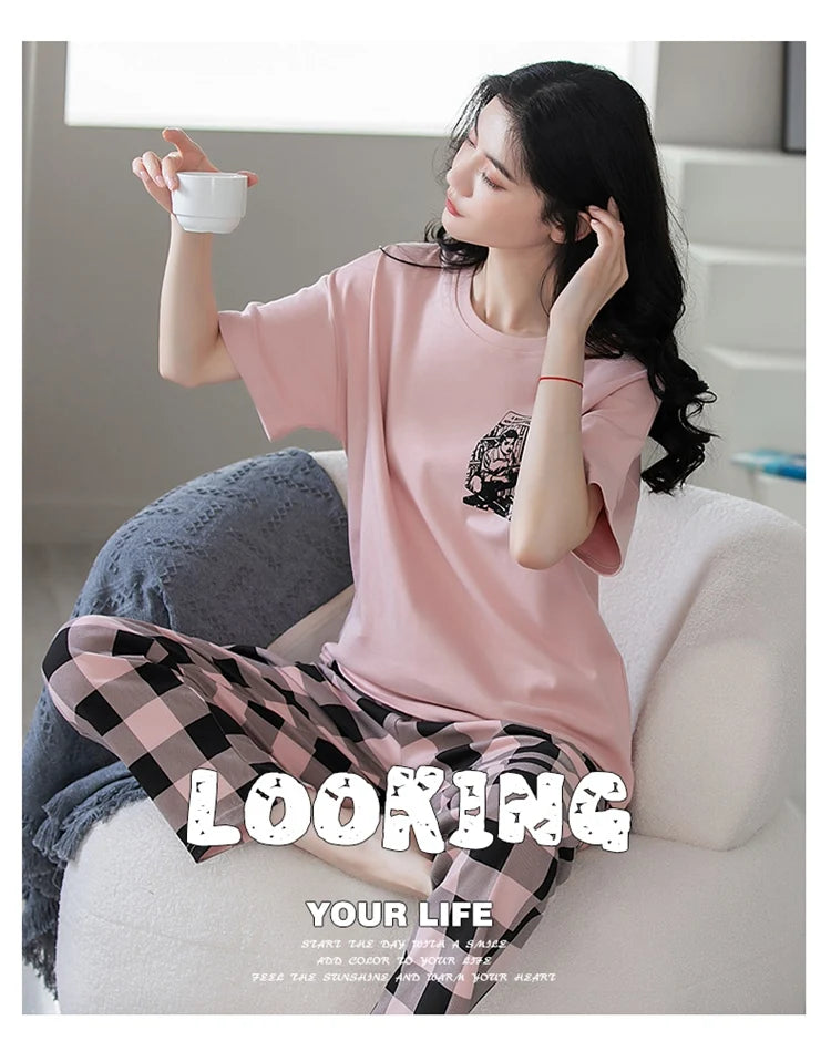 2024 Summer 100% Cotton Short Sleeve Long Pants Pajama Sets for Women Korean Cute Sleepwear Homewear Pijama Mujer Home Clothes