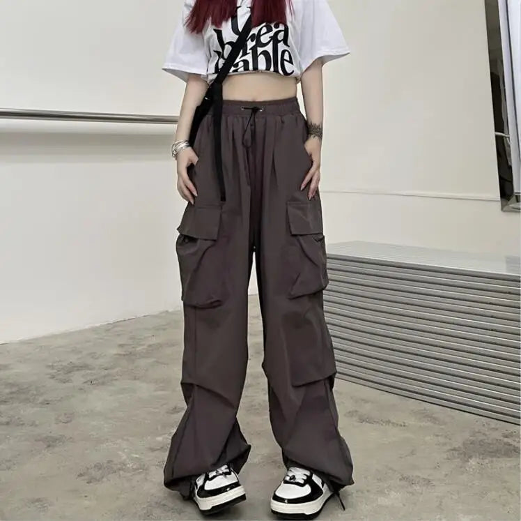 Women Long Cargo Pants Summer Elastic Waist Pocket Baggy Straight Loose Pants Casual Women Korean Trousers CDPF-WYP-51