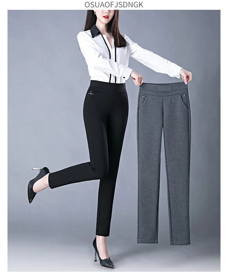 Fashion All Match Black Gray Pencil Pants Spring autumn Elegant High Waist Casual Stretch Slim Middle Aged Women Trousers Ladies