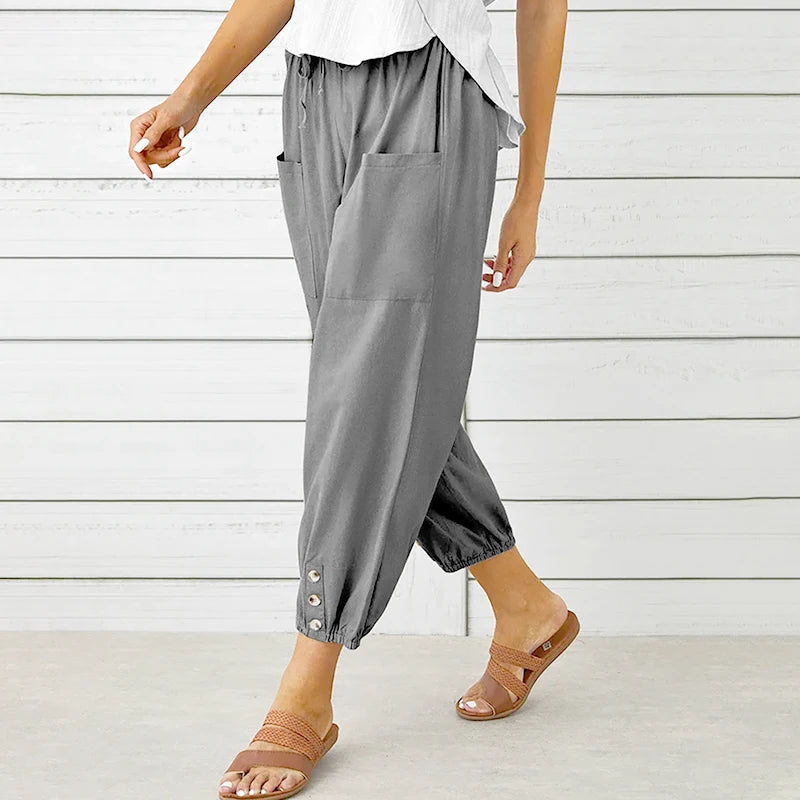 S-5XL Size Summer Loose Cotton And Linen Female Cropped Pants High Waist Korean Solid Casual Flax Wide Leg Pants Trousers