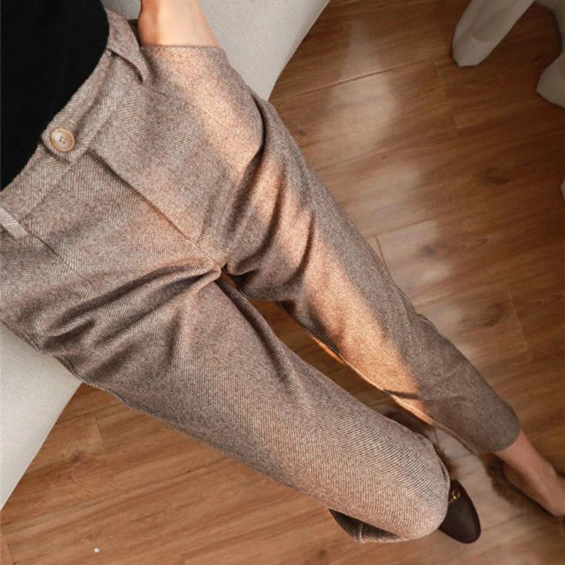 Woolen Pants Women Harem Pencil Pants Spring High Waist Pockets Suit Pants Office Lady Striped Zipper Trousers