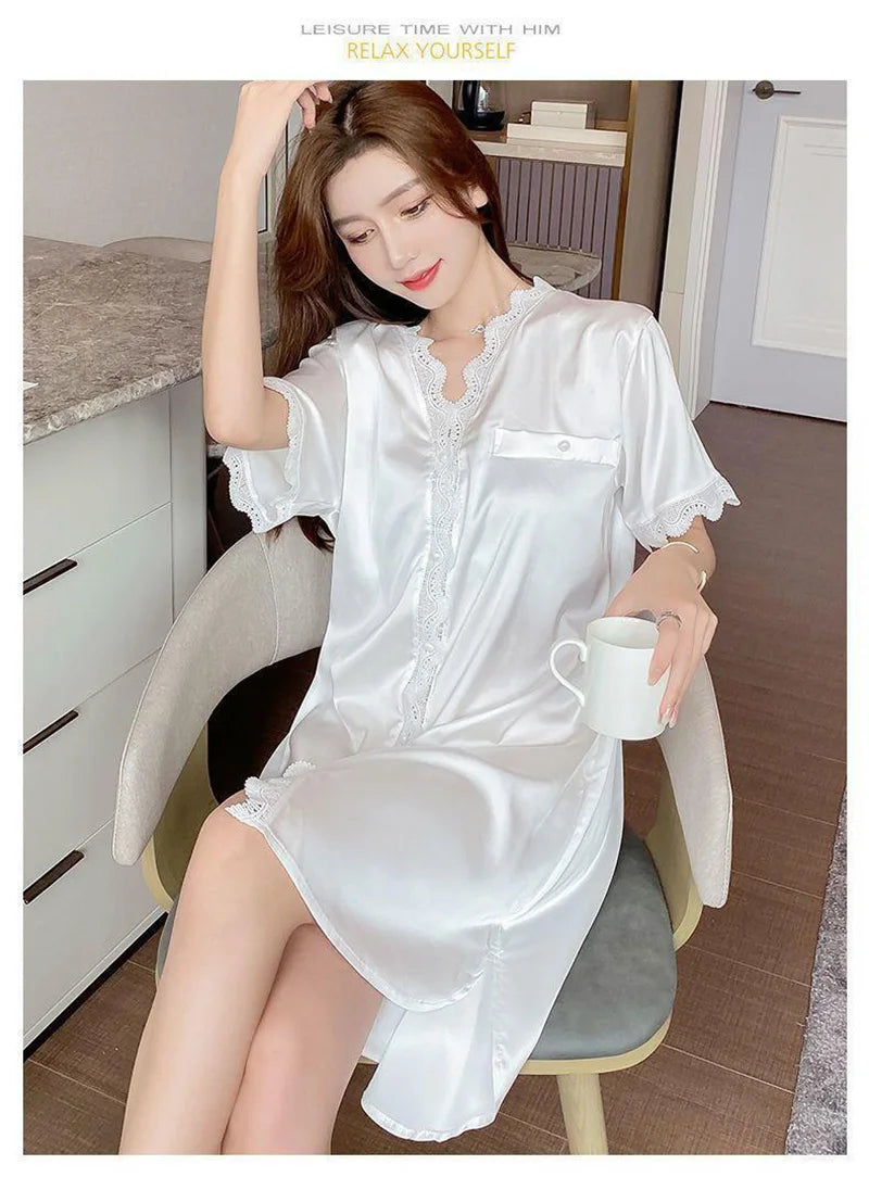 Elegant Ladies Short-Sleeved Pyjamas Sweet Wind Summer Sexy Nightgown V-Neck Cardigan Lace Lace Casual Home Wear Nightgowns