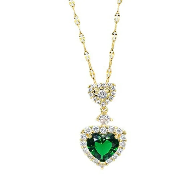 2023 Luxury Heart-shaped Necklace Green Zircon Jewelry Sets for Women Exquisite Crystal Pendant Chain Women's Earings Wedding