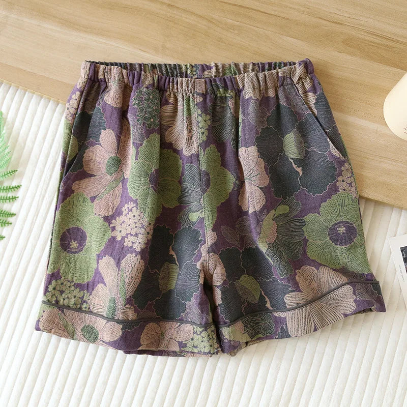 2024 New Summer Women's Pajamas 100% Cotton Shorts Yarn-dyed Jacquard Shorts Women's Loose Home Pants Thin Home Pants Pajamas