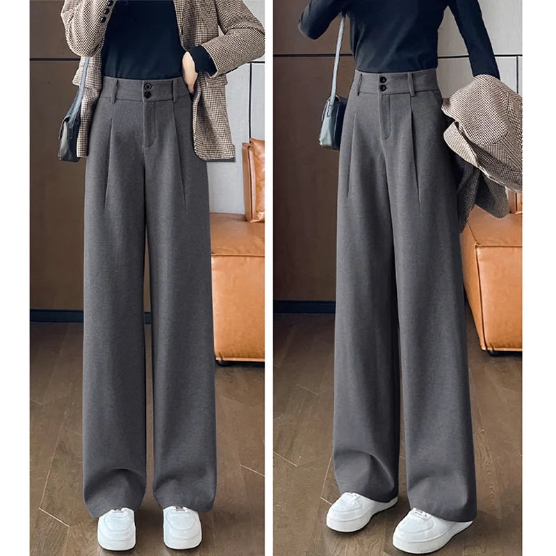 2024 Autumn Winter Women Concise Woolen Pants Lady Wide Leg Designer Outside Trousers Female Thicken High Waisted Draping Pants