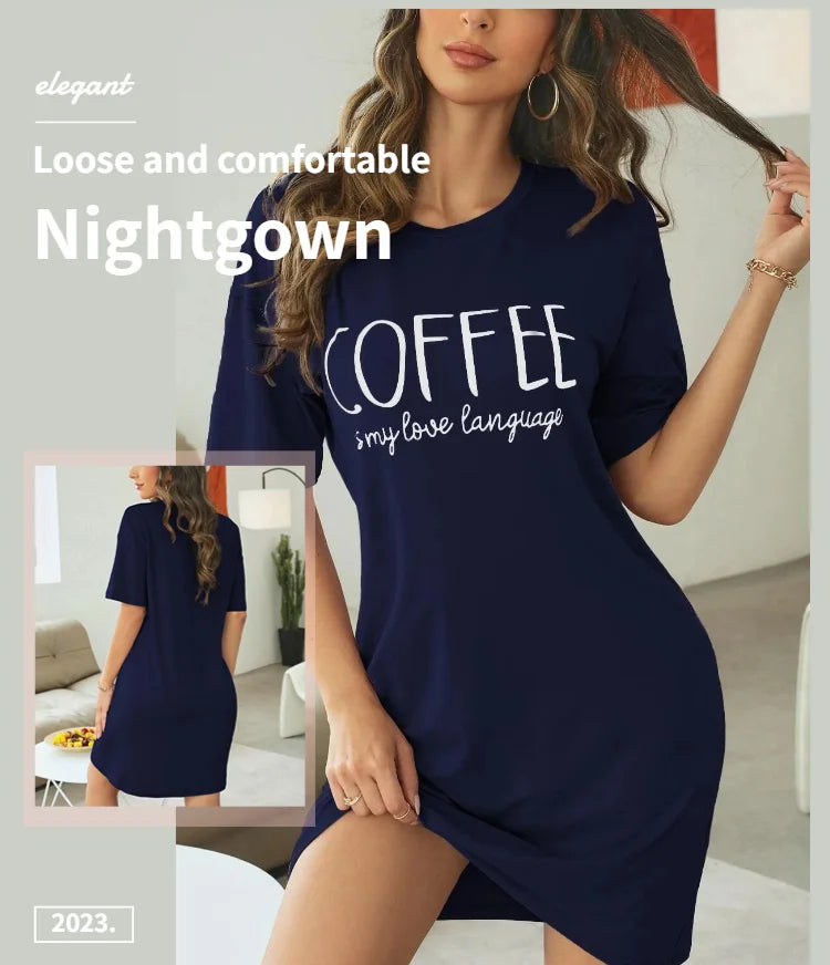 Milk Silk Nightgown For Women Nightdress Short Sleeve Cartoon Letter Print Nightgowns Sweet Casual Sleepwear Pijamas Sleep Dress