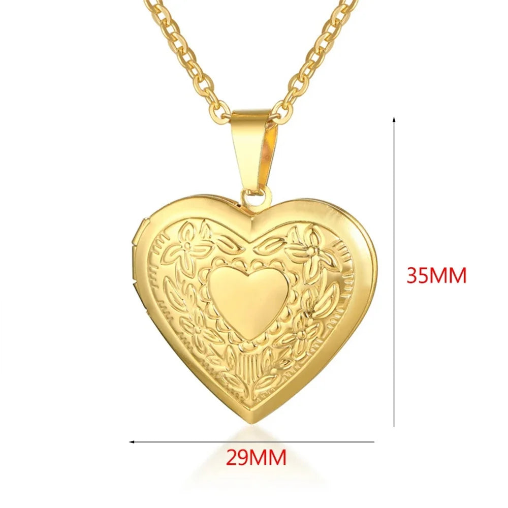 Romantic Heart Locket Pendant Openable Female Gold Color Stainless Steel Photo Frame Charm Necklaces for Women Men Jewelry Gift