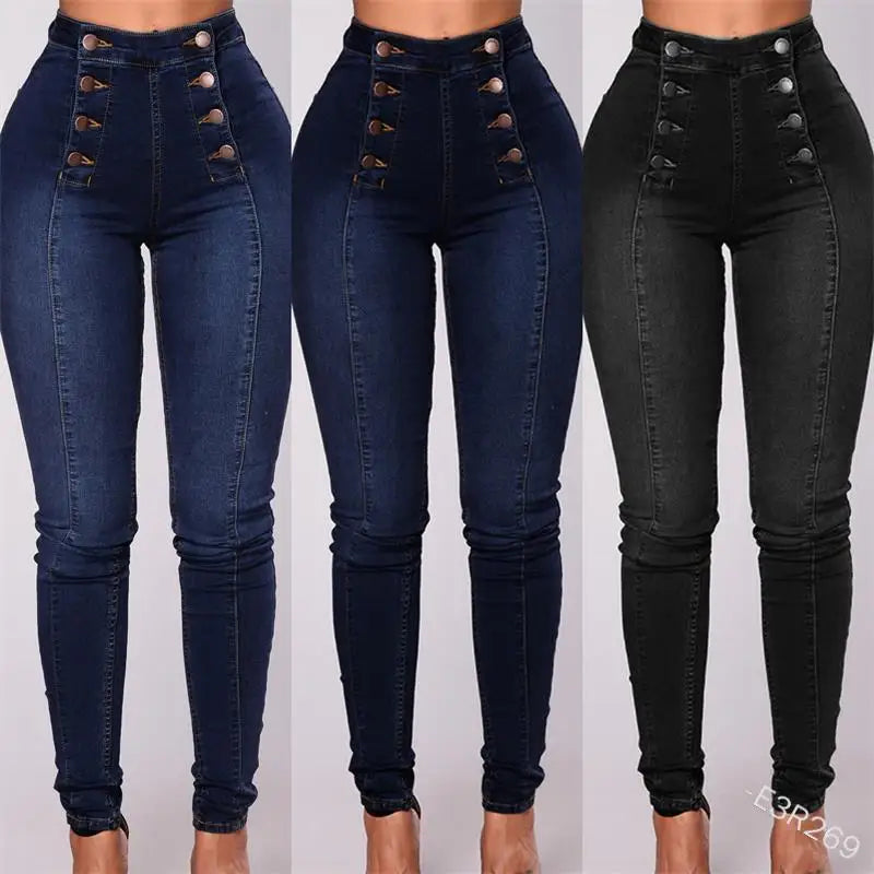 Women Elegant Vintage Stretch Bodycon Jeans Fashion Casual Double Breasted High Waist Skinny Denim Pants Trousers