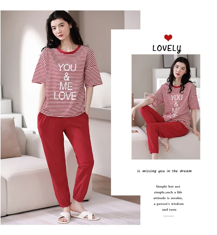 2024 Summer 100% Cotton Short Sleeve Long Pants Pajama Sets for Women Korean Cute Sleepwear Homewear Pijama Mujer Home Clothes