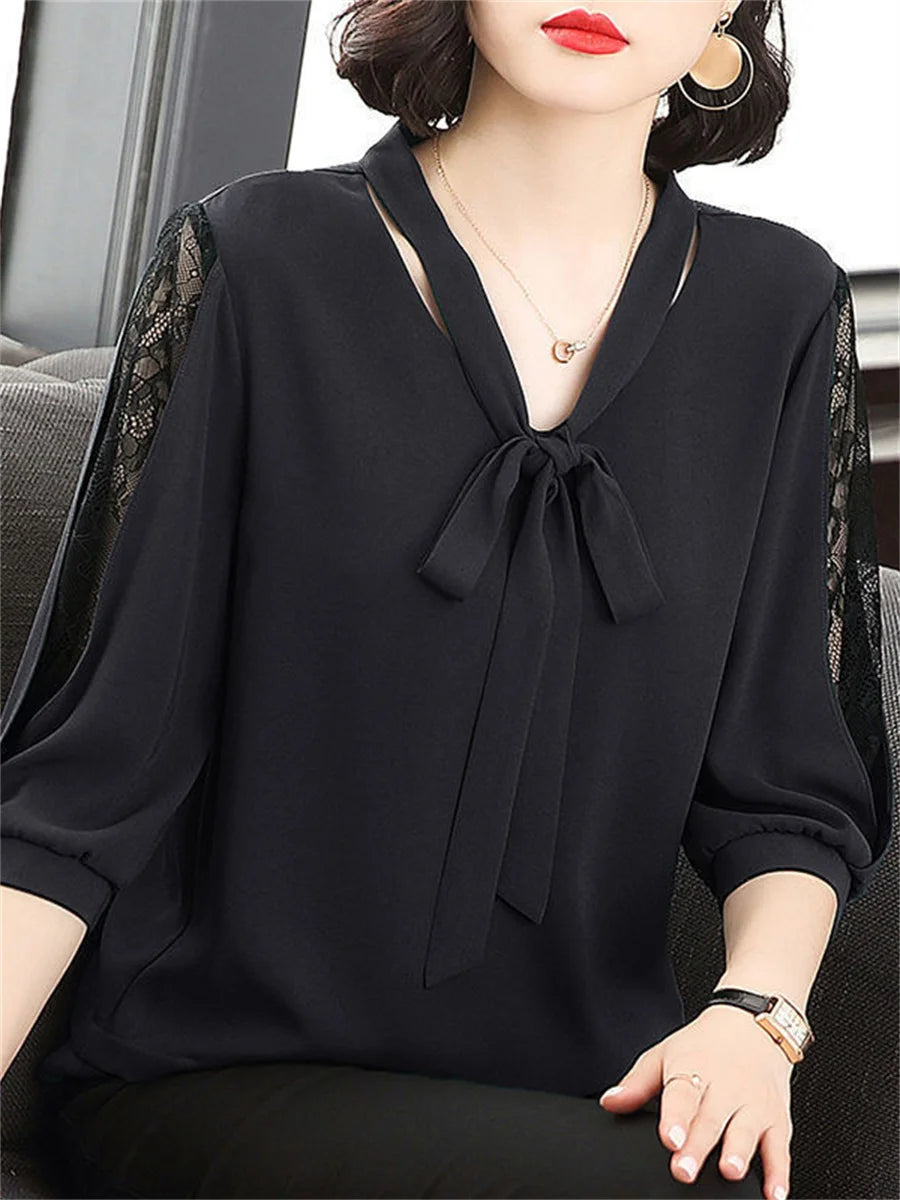 Women Spring Summer Style Blouses Tops Lady Casual Bow Tie Colloar Half Lace Sleeve Loose Blusas