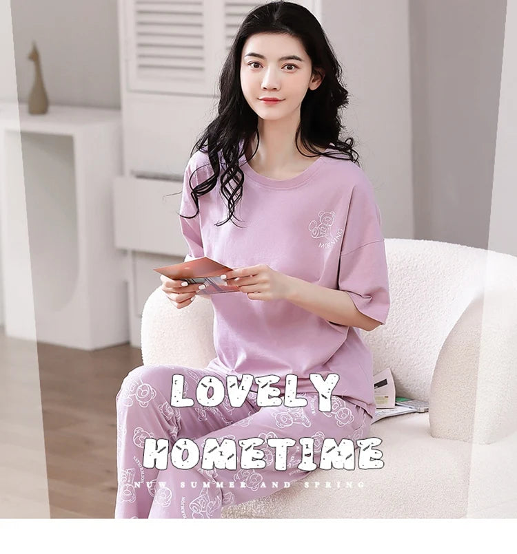 2024 Summer 100% Cotton Short Sleeve Long Pants Pajama Sets for Women Korean Cute Sleepwear Homewear Pijama Mujer Home Clothes