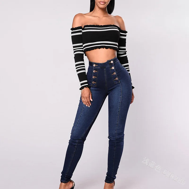 Women Elegant Vintage Stretch Bodycon Jeans Fashion Casual Double Breasted High Waist Skinny Denim Pants Trousers