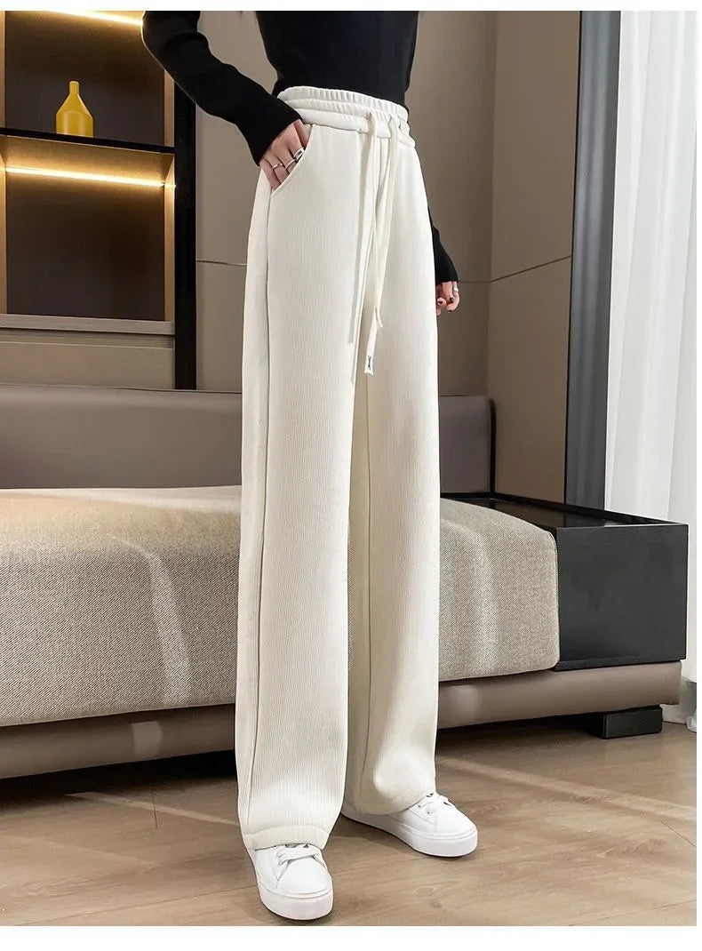 Fleece-lined Corduroy Bell Bottoms High-waisted Loose-fit Thickened Sport Casual Straight-leg Pants For Women