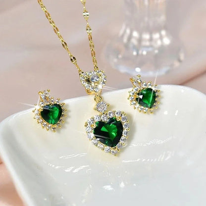 2023 di lusso a forma di cuore collana verde zircone set di gioielli per le donne squisita catena pendente di cristallo orecchini da donna da sposa