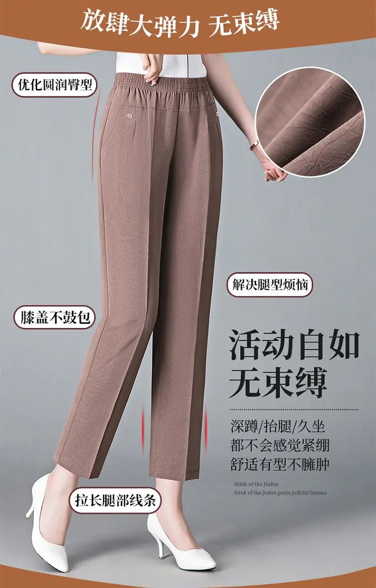 Vintage Loose Straight Pants Spring Summer Thin Women Streetwear Office Lady Casual Elastic High Waist Cropped Trousers 5XL